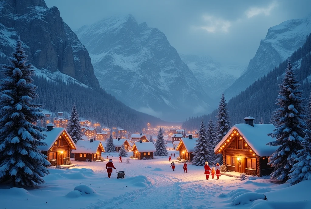 ((masterpiece, highest quality, Highest image quality, High resolution, photorealistic, Raw photo, Extremely detailed CG unified 8k wallpaper)), Snowy landscape, small village surrounded by mountains, (night: 1.3), snow falling, lights on each house, warmth in the cold landscape, (Santa Claus Village:1.2), all residents of this village are Santa Claus,