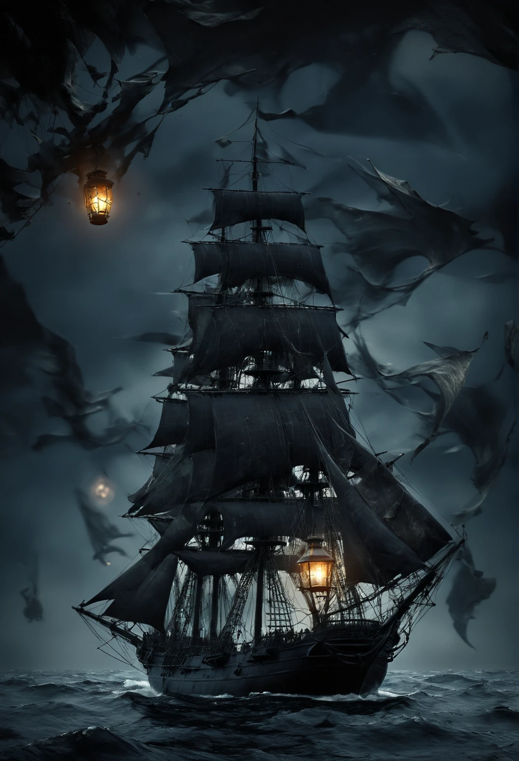 ( top quality ,  high definition ,  masterpiece fails:1.2),  indigo background , black fractal , ghostly,  black in the haze silhouette of an old frigate with broken sails,  one lonely lantern ,  thick thick haze 