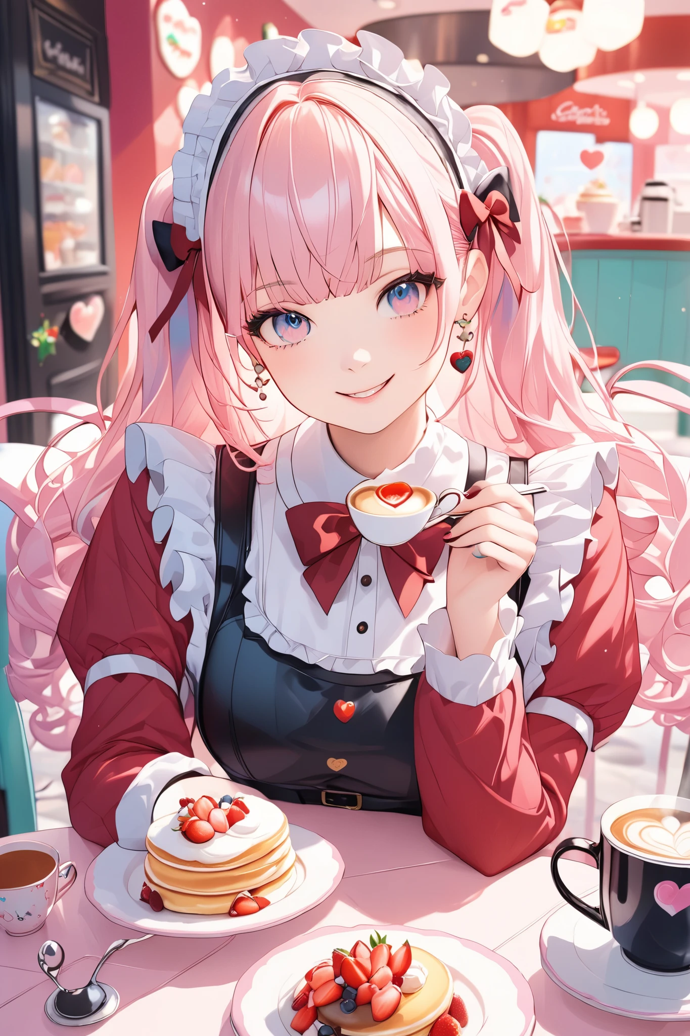 Brightly Coloured Artwork , Santa Maid Cafe , Moe Moe Kyun 💕, Blake Fluffy Pancakes, A charming maid with a heart drawn in strawberry sauce , Take a break with coffee, Charming Santa Stares At You, Coffee served with gentle hands