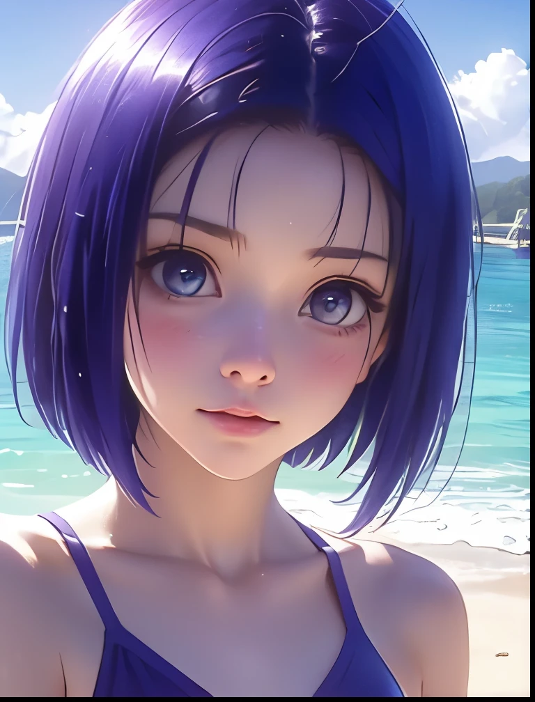 (((SFW、Precision、Highest quality、A first-class masterpiece、Normal body、8k、 Detailed Face 、Ultra-precision、 Normal hand、5refer to、Highest)))、 Sairenji Haruna、Blue hair bob cut、 short haired 、 high school girl、「 To Love Ru」、Blushing shyly at the beach and wearing a slingshot swimsuit、whole body