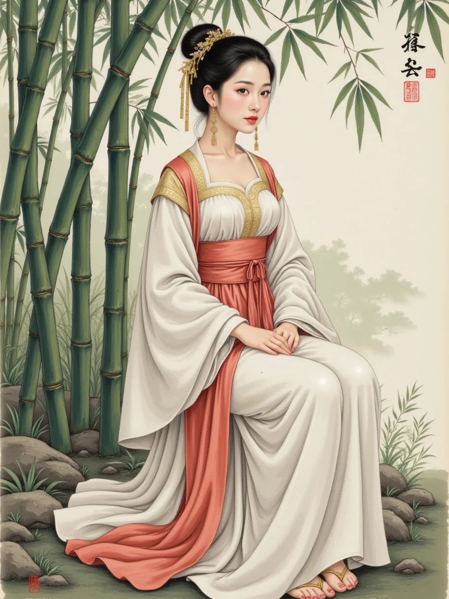 Chinese ink painting, meticulous figure painting, contemporary meticulous painting, hand-painted meticulous painting, literati painting, traditional Chinese art, 1girl, ancient Hanfu clothing, charming, beautiful, girl in a bamboo forest, exquisite composition, distinct layers, figure as the central focus, full body, Extra Long Shot, traditional color scheme, clothing folds, hair texture, detailed depiction, poetic atmosphere, tranquil ambiance, ethereal mood, perfect negative space, high color saturation, complementary color palette, color gradients, contrast of warm and cool tones, color layering, light and shadow in color, color texture, emotional resonance, color proportion, cultural connotation