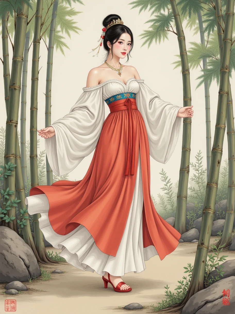 Chinese ink painting, meticulous figure painting, contemporary meticulous painting, hand-painted meticulous painting, literati painting, traditional Chinese art, 1girl, ancient Hanfu clothing, charming, beautiful, girl in a bamboo forest, exquisite composition, distinct layers, figure as the central focus, full body, Extra Long Shot, traditional color scheme, clothing folds, hair texture, detailed depiction, poetic atmosphere, tranquil ambiance, ethereal mood, perfect negative space, high color saturation, complementary color palette, color gradients, contrast of warm and cool tones, color layering, light and shadow in color, color texture, emotional resonance, color proportion, cultural connotation