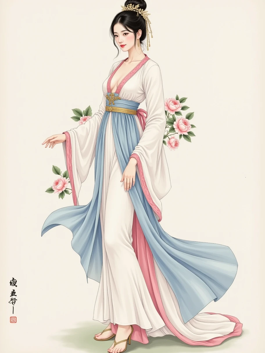 Freehand，dream，Blooming，Ink portrait, line illustration , A woman in Tang dynasty costume ， Her costume is beautiful ， color soft ，, mainly white and light pink and light blue， with gold decorations 。 Her hairstyle is a classical bun ， decorated with beautiful hair accessories ， looks very elegant ， has a few blooming peony flowers behind her body ， The overall picture is soft ， with smooth lines，Full of classical beauty 