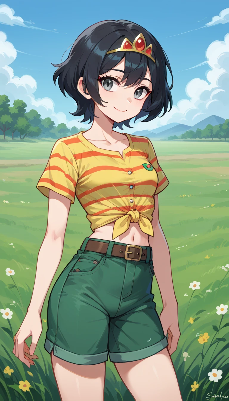   masterpiece ,  best quality ,  High resolution , Serene 1, 1 , Serene 1, 1 , sereno (pokemon), Alone,  gray eyes,  black hair, Green shorts , Red tiara, shirt, tied shirt,, short hair,  short sleeves , shorts, Stripes, yellow shirt, belt,  Middle Class Shooting, A gram, field, smile, standing,