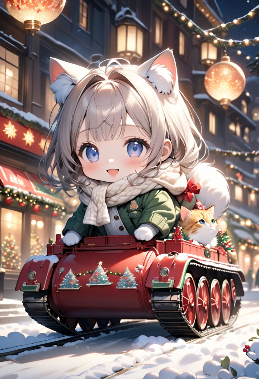 (masterpiece, ultra-detailed, best quality, clear focus, dramatic scene, cinematic), shadow, (ultra-high resolution, 8k), perfect anatomy, perfect face, (detailed face, detailed eye, chibi), cute Japanese chibi girl, famous Japanese chibi idol, very beautiful and cute and cool face, (wearing stylish winter outfit with long coat, woolen scarf and glove:1.2), (large breasts), (She is riding a Christmas decorated stylish miniature tank with a cat:1.3), the Christmas tree is on the rear carrier of the tank, gorgeously Christmas decorated street with Christmas illuminations, snow-covered road, these stores at the street are gorgeously decorated with Christmas decorations, professional lighting, (detailed very cute fluffy giant cat is mewing:1.25), she looks so happy, happy smile