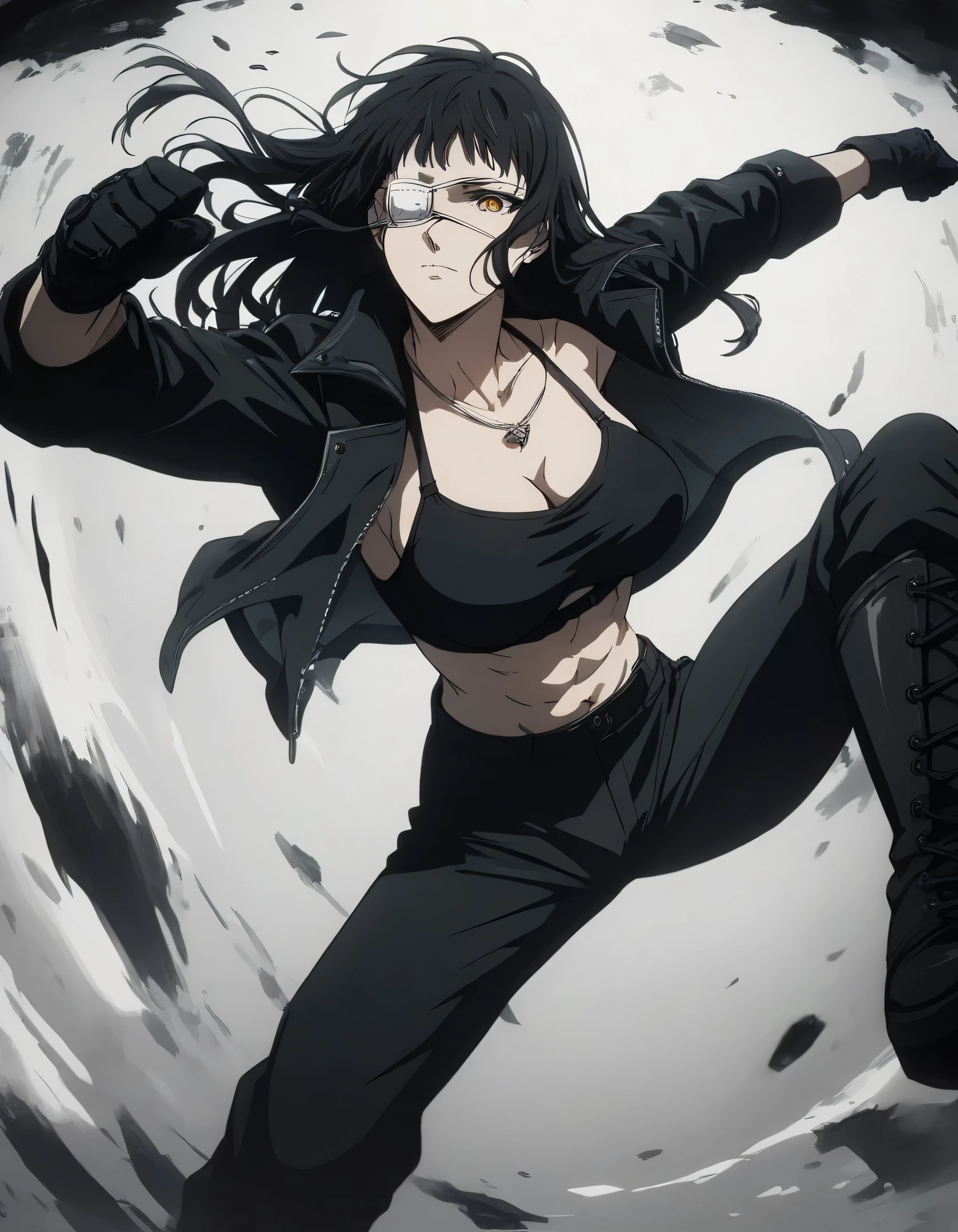 score_9, score_8_up, score_7_up,score_6_up,high resolution,source_anime,s0fiavalm3t,1girl,eyepatch,black hair,long hair,full body,dynamic pose,,pov,suspended in air, black sport bra,tall leather black jacket,military trousers,black boots,military necklace,gloves,in military base,fighting pose 