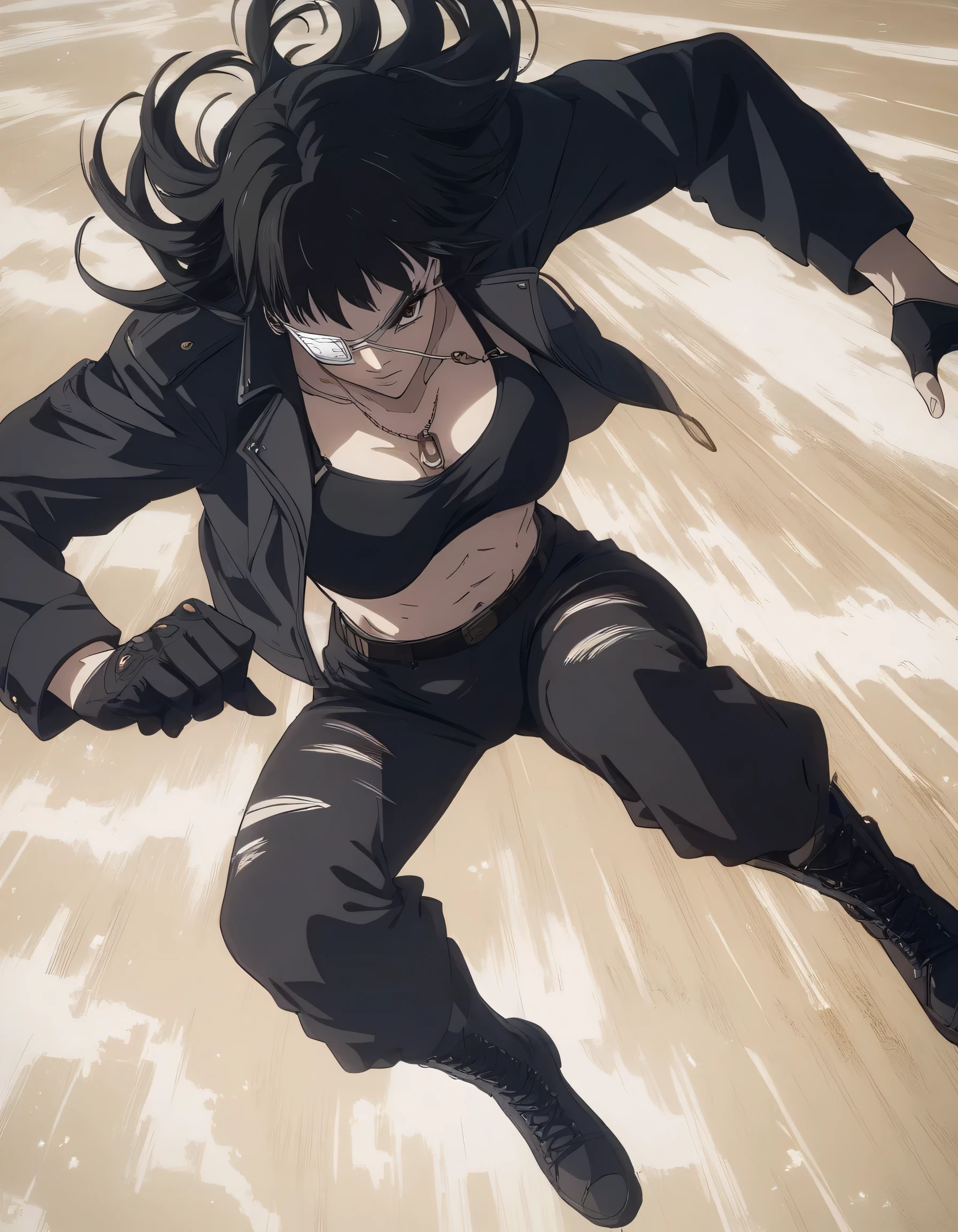 score_9, score_8_up, score_7_up,score_6_up,high resolution,source_anime,s0fiavalm3t,1girl,eyepatch,black hair,long hair,full body,dynamic pose,,pov,suspended in air, black sport bra,tall leather black jacket,military trousers,black boots,military necklace,gloves,in military base,fighting pose 