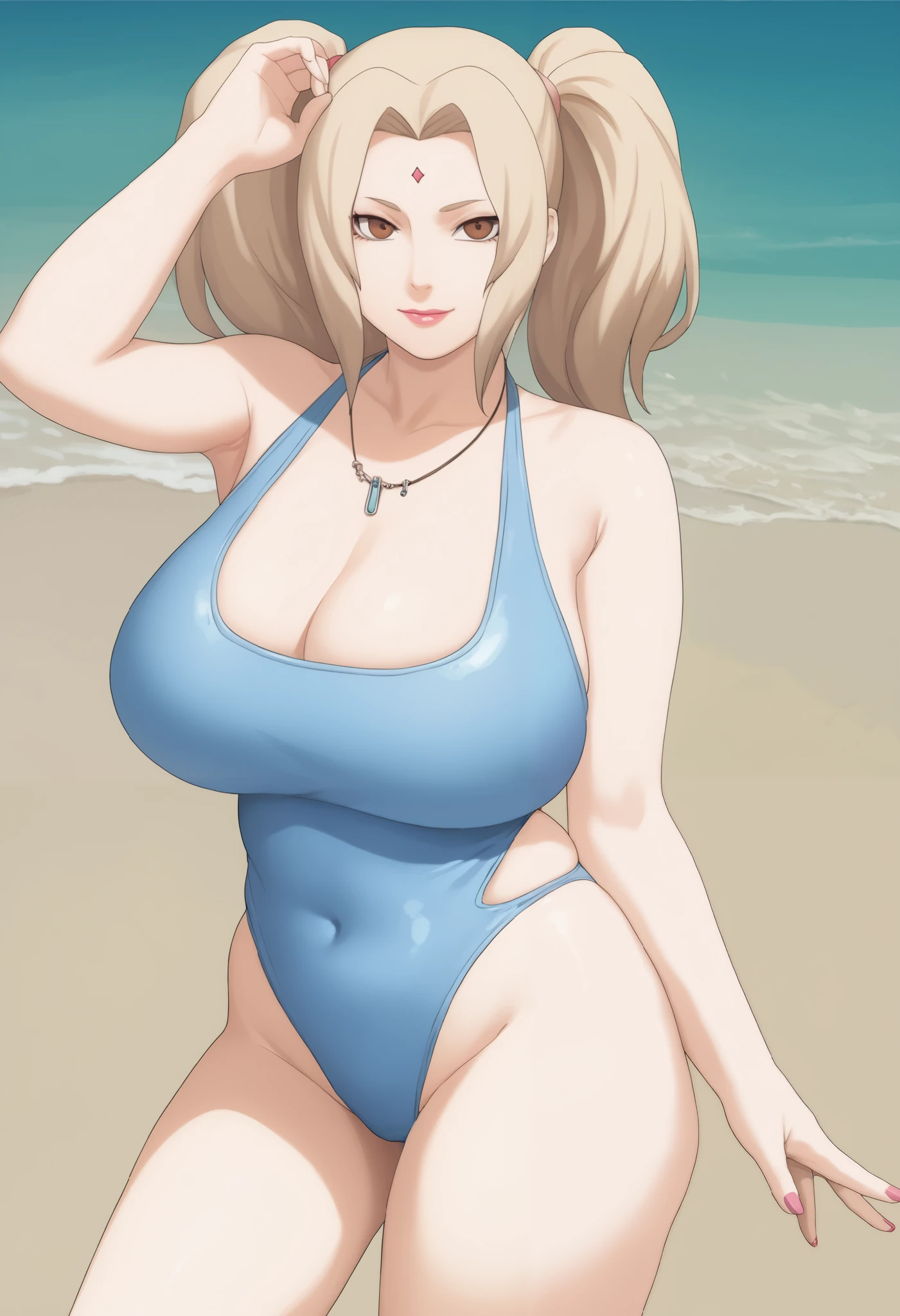 Marikawa Shizuoka, 1 girl, ((bimbo))), long blond hair, yellow eyes, puffy lips, thick lips, wide hips, thick thighs, huge ass, craving lust face , enormous huge natural breasts, mature mom, erotic smile face, shiny skin, open mouth, breasts squeezed together, blue bikini, on the beach, posing