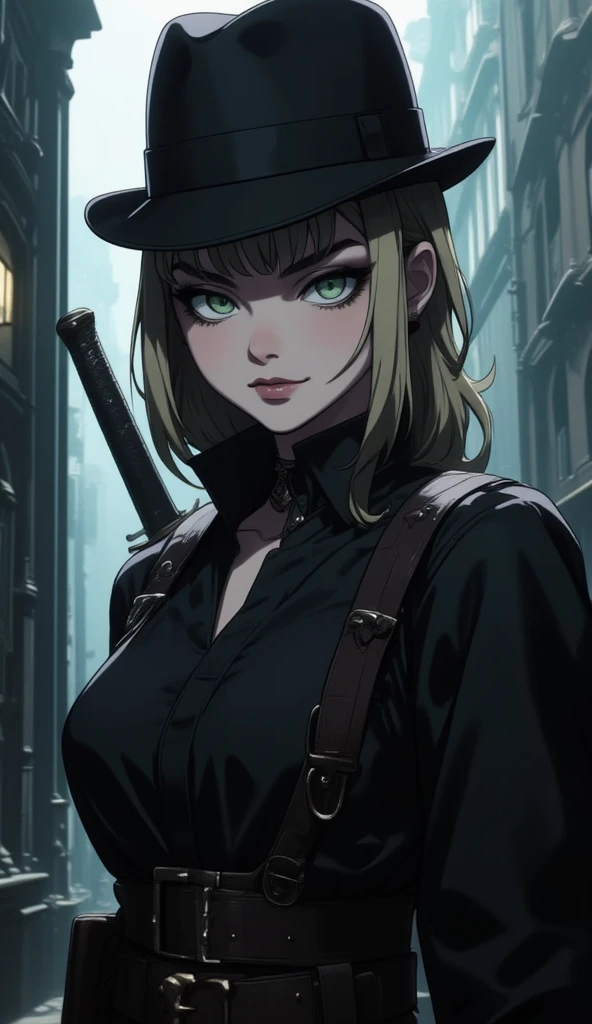 anime art style, 8k, masterpiece, cinematic, (Portrait), petite girl, mature, green eyes, tied hairstyle, pale skin, lean tall body, (Victorian era full covered outfits, fedora), wielding swords, dark alleyway, side ways photo, evil smiling, full body photo