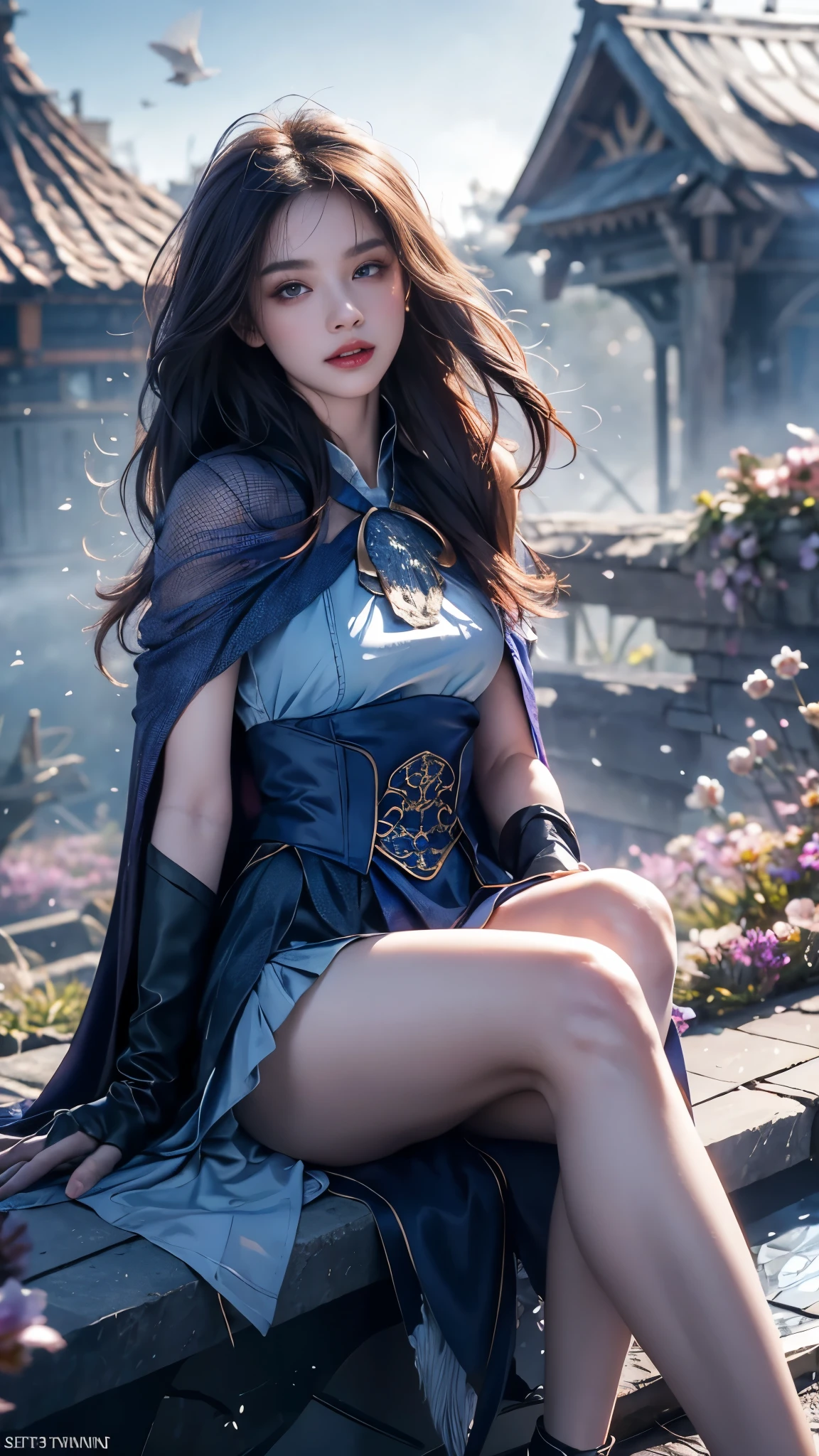 1girl, solo, light blue eyes, brown hair, holding a golden scepter, (HP: 1), running under the starry sky, full body, (official set: 1.5), dullyarts, dust background details, eye details, ore disease lesions \(Tomorrow's Ark\), (realism: 1.4), official art, unreal 8k wallpaper, super detailed, beautiful and aesthetic, masterpiece, best quality, (dynamic angle: 1.4), (floating colorful sparks: 1.2), elegant , bright colors, romanticism, medium breasts