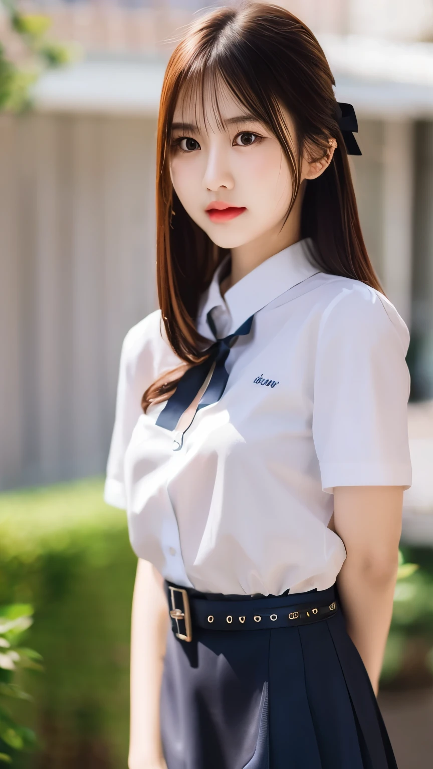 cute thai Chinese girl, solo, long hair, blue skirt, white shirt,black hair, ribbon, braid hair, belt, right hand, left hand, photo background ,high_resolution ,excellent, performance and top quality, hyper_detail ,8k,Realism, small breasts,tiny breasts,flat breast