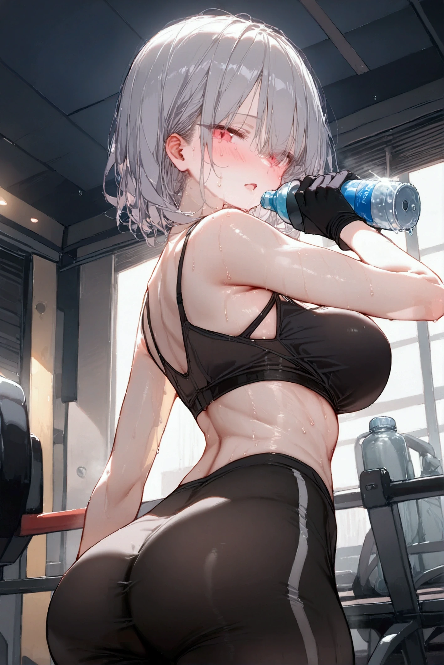 noa, white hair, long hair, ((topless)), masterpiece, best quality, highres, solo, large , midriff, erect , navel, gym, gym equipments, weight room, miror, halo, smile, medium breasts, arched back, blush, smiling, sweat, sticky liquid on body, purple eyes, black leggings, bare arms, bare elbow, puffy , collarbones