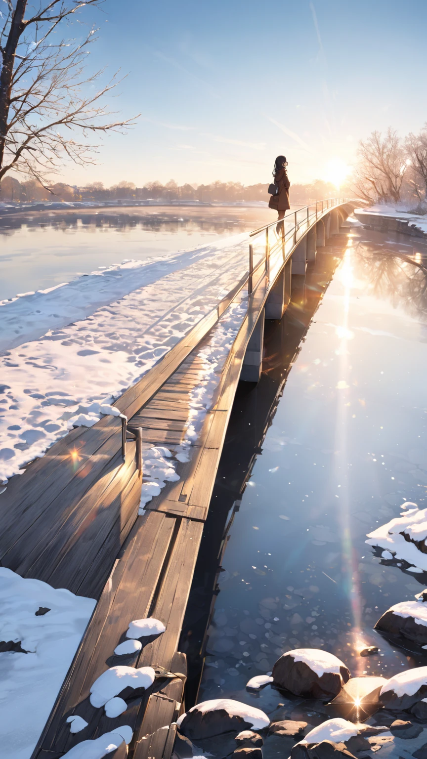 A girl with black hair and glasses looks at the sparkling river surface reflecting the morning sun from a bridge on a sunny winter morning