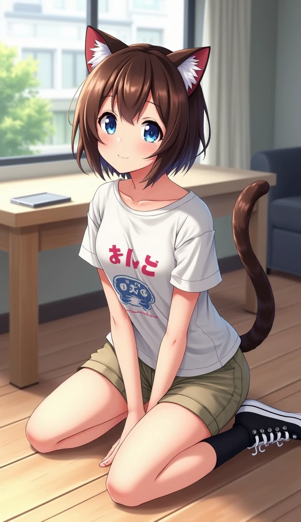 masterpiece, best quality, highres, maemiku, short hair, fang, animal ears, cat tail, long shirt, <lora:maekawa_miku_v1:0.7>, room, all fours, paw pose, smile, open mouth, toy