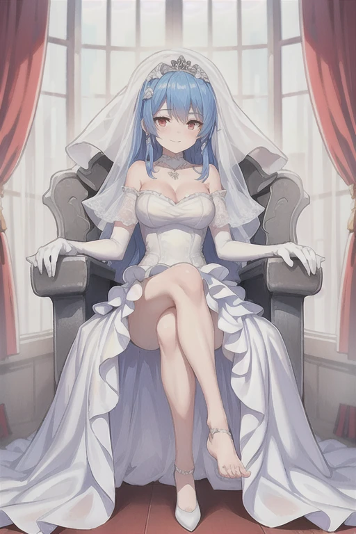 prinz eugen \(warship girls r\),(((Best quality))),((Ultra-detailed)),((illustration)),((frilld)),(1 girl),(Solo), 1girl,sitting on a throne,crossed legs,evil smile,evil grin,frilled dress,bow,white pantyhose,toes,indoors,looking at viewer,view from below,feet focus,[refraction|caustics|rim lights|backlighting|bloom],full shot,rating:safe,long hair,wedding,bare_shoulders,breasts,bridal_gauntlets,bridal_veil,cleavage,clothing,crown,dress,drop_earrings,earrings,elbow_gloves,female,female_only,gloves,headdress,headwear,jewelry,layered_dress,looking_at_viewer,necklace,skirt_hold,smile,sitting,strapless,strapless_dress,tiara,veil,white_dress,white_footwear,white_gloves,wedding_dress,long_dress,clapping,short hair,blue hair,red eyes,