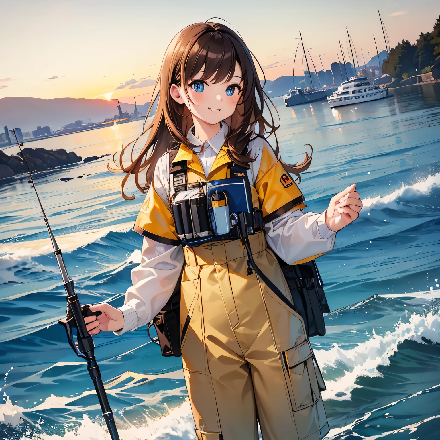 Masterpiece, top quality, ocean and bank, medium wide shot, fishing, woman with beautiful eyes, 20 years old, brown hair, smiling, fishing rod and reel, fishing gear, (life jacket with many yellow pockets), long sleeved work clothes, long pants, (employee ID in horizontal clear case with red string around neck)