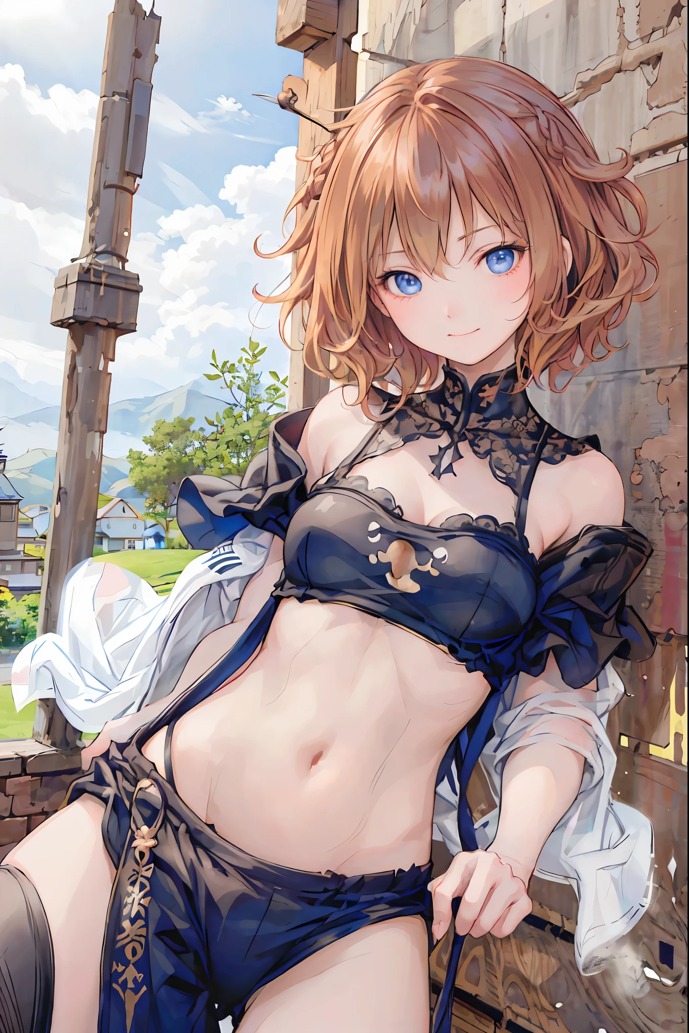 (( masterpiece )), (black clothes), (( top quality)), ( Photos from the past 100 years :1.2), ( high definition :1.3), ( Take professional photos of each blooming location :1.2), ( Color Difference), mischievous girl , (()), (Serious), audience , Plain Shirt, Bedhead, Curly hair, ( SMALL WAIST PANTS ), ((Take off your work pants)), , ( small breasts), Cute waist, outdoors , ((Top of the big bell tower)),International Travel,Brown suitcase, The sun shines on a bright summer day , A girl looking down from the top of a hill , the wind is blowing ,Tower of Pisa,tourist spot, ANCIENT CITY ,sunlight ,Highland,holy place,Multiple Churches, brown hair , Shortcut , hair is unkempt , short braided hair ,Neat, slender beauty、Positive Attitude, small breasts, Beautiful Legs with Tails , Her charming gray-blue eyes shine like stars {x} , bright color, beautiful eyes ,A delicate smile, Her enchanting gray-blue eyes shine like stars , top quality, Gentle beautiful woman , Anime Style、(( from below:1.2)),