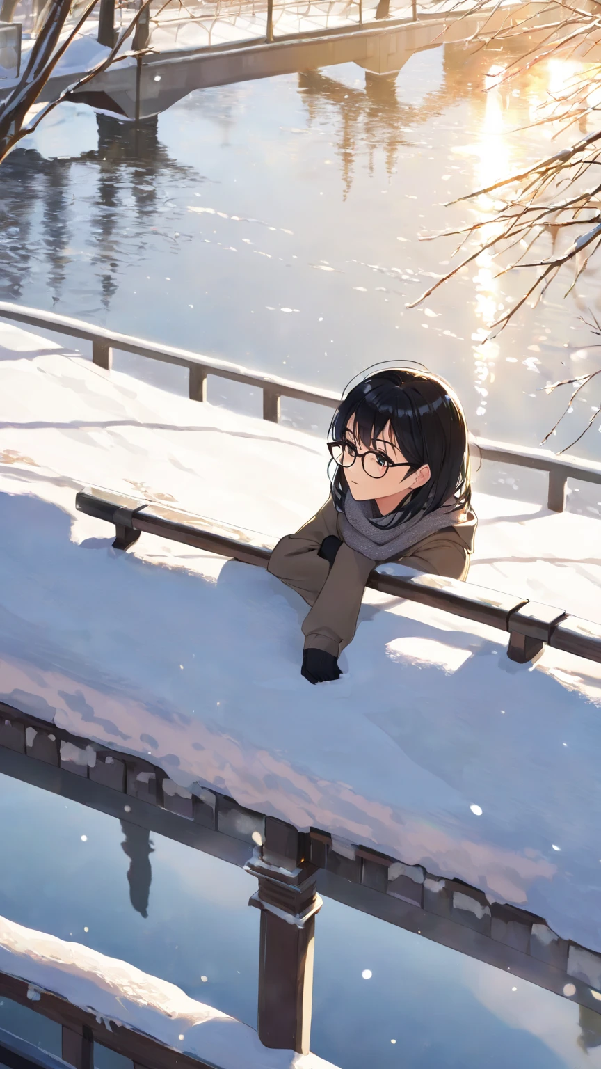 A girl with black hair and glasses looks at the sparkling river surface reflecting the morning sun from a bridge on a sunny winter morning