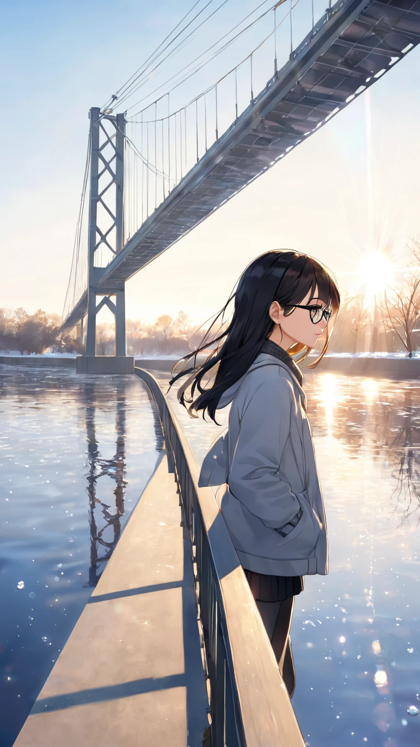 A girl with black hair and glasses looks at the sparkling river surface reflecting the morning sun from a bridge on a sunny winter morning