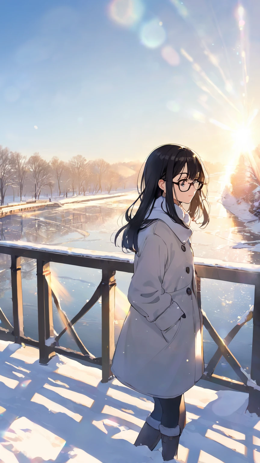 A girl with black hair and glasses looks at the sparkling river surface reflecting the morning sun from a bridge on a sunny winter morning