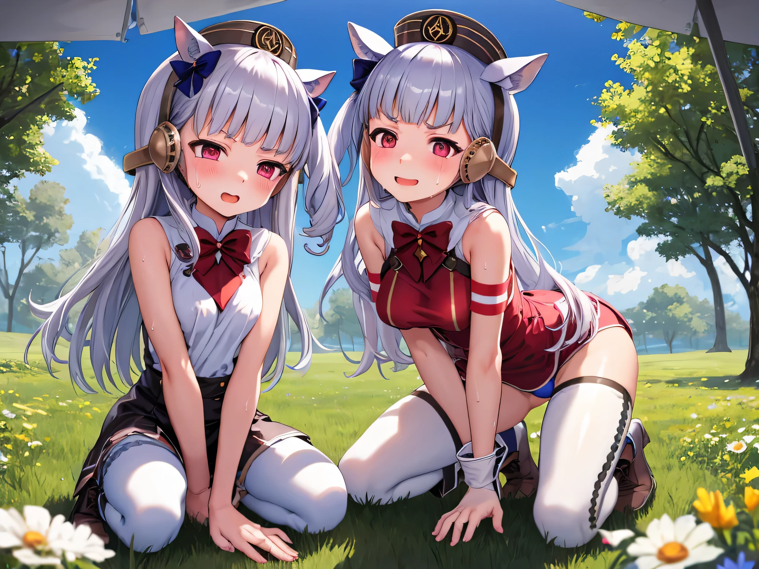 blue sky、grassland、nature、 ( top quality:1.2), Alone,  1 girl in uniform, umpd gold ship,[Hat type, V-shaped eyebrows,  pink maid clothes , bow,  sleeveless,  white pantyhose ,  boots,  、 ergarther、、、 s、 sの小さな体、blush、 embarrassed expression、Love juice、 and putting up with only 、Panties are visible、 clothes are transparent 、Clothes get wet、My crotch gets wet、 transparent nipples 、 lace panties、sweat、 smiles、Big Breasts、 eat into panties