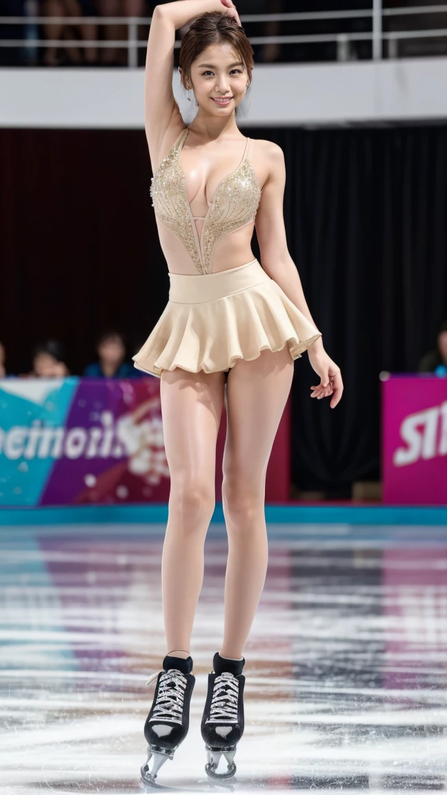 (8k, best quality:1.3), (extremely detailed:1.2), perfect anatomy, beautiful Japanese woman, 18 years old, healthy thighs, beautiful legs, beautiful skin, random hair color, random hairstyle, large breasts, (she is standing:1.2), female figure skater, figure skating outfit, (miniskirt:1.3), full body shot, skate shoes, skating rink, Inoue Tsinghua