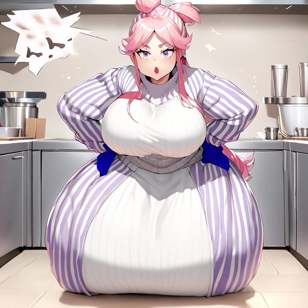 Anime, high detailed, 1 woman, Mature woman, big round breasts, chubby beauty, miss Pus-sized, Wearing a sweater, striped sweater, long skirt, enormous long hair, pink hair, Top ponytail (( tied on top, like a topknot)), exasperation expression, in a kitchen, hands on hips 