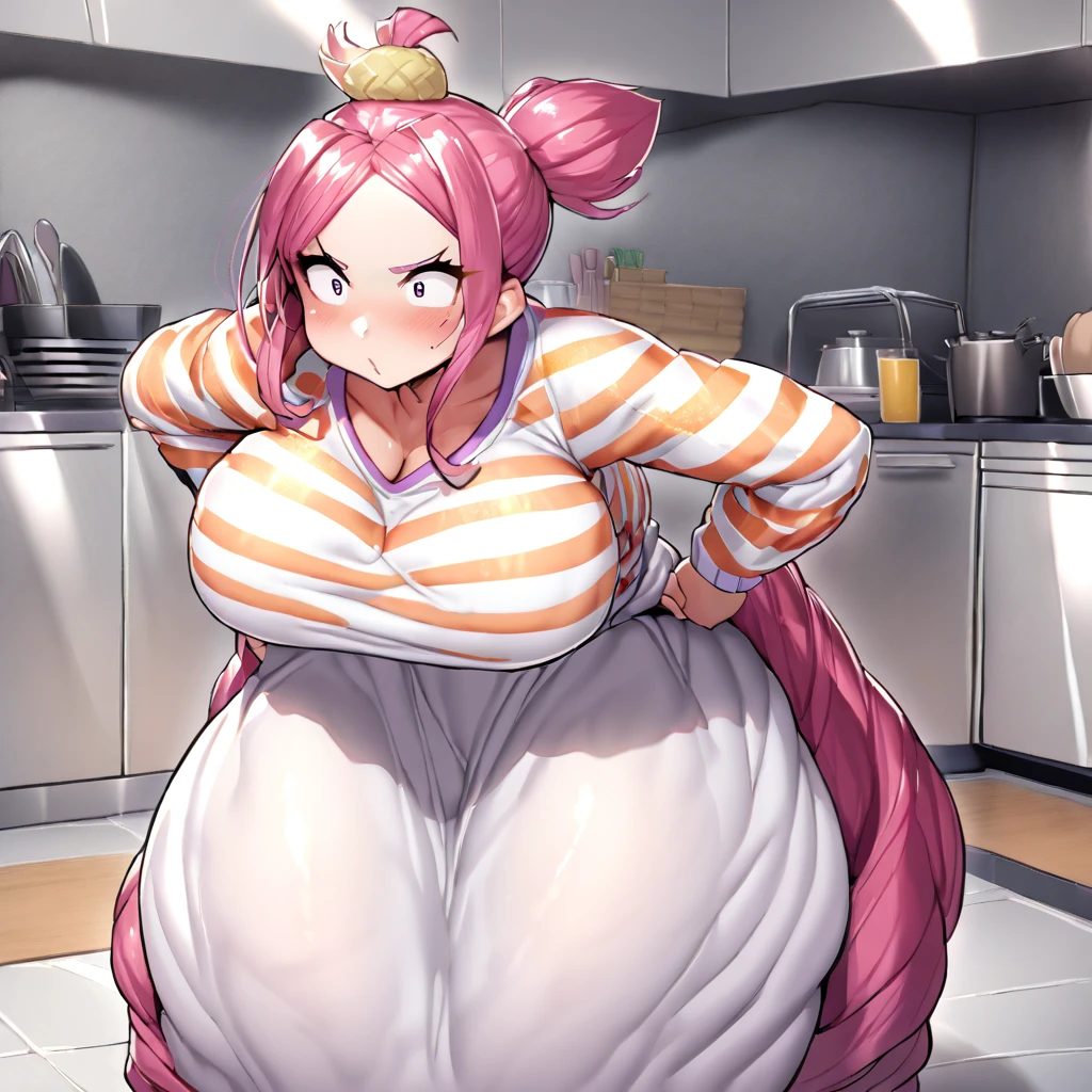 Anime, high detailed, 1 woman, Mature woman, big round breasts, chubby beauty, miss Pus-sized, Wearing a sweater, striped sweater, long skirt, enormous long hair, pink hair, Top ponytail (( tied on top, like a topknot)), exasperation expression, in a kitchen, hands on hips