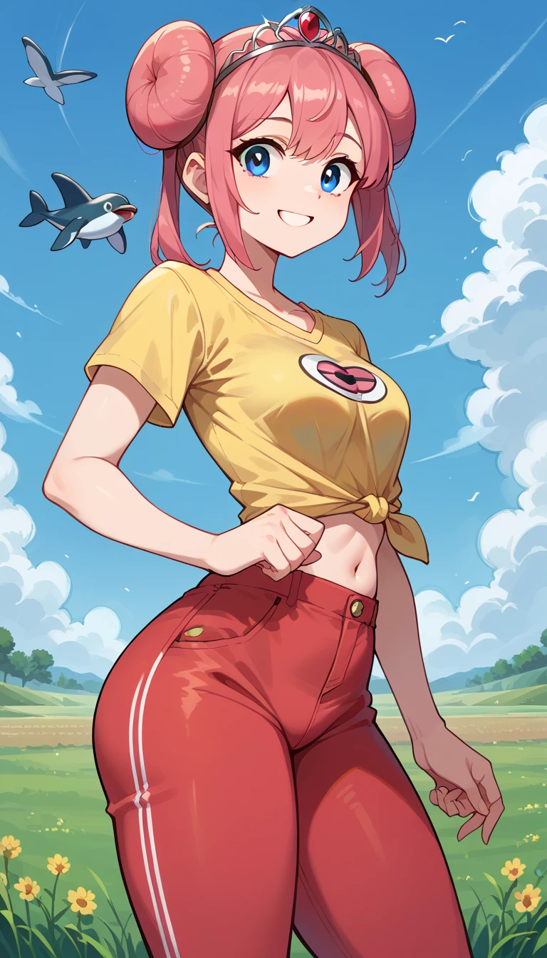   masterpiece ,  best quality ,  High resolution , 1 girl, , Alone,  gray eyes, long pink hair, short dolphin rosa, Red tiara, shirt, tied shirt,, short hair,  short sleeves ,  Stripes, yellow shirt,  Middle Class Shooting, A gram, field, smile, standing, thick thighs , sexy