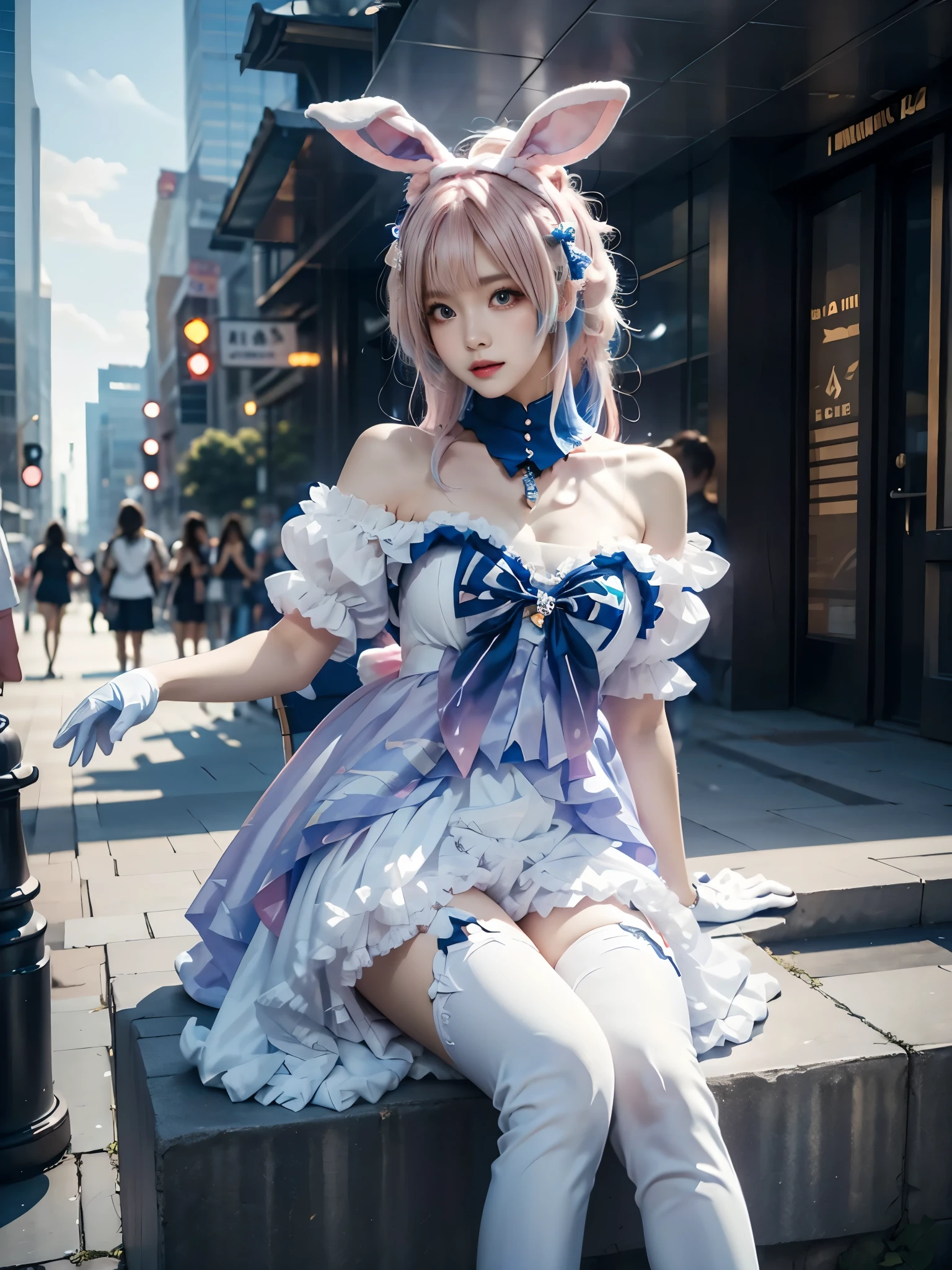 sangonomiya kokomi cosplay costume, sangonomiya kokomi, genshin impact, cosplay, alternate costume, pink hair, gradient hair, multicolored hair, long hair, dress, off-shoulder dress, frilled dress, frills, bow, detached collar, detached sleeves, dress bow, bare shoulders, fake animal ears, animal ears, rabbit ears, hair ornament, gloves, white gloves, thighhighs, white high heels ,,A young woman sitting elegantly on a modern outdoor platform in a vibrant urban setting, Correct and nice leg shape, Very short hemline, Her legs are crossed slightly forward, and she leans casually on one hand for support, The scene is set on a sunny day, with clear blue skies and modern glass skyscrapers in the background. The lighting is soft and natural, creating a photorealistic effect with smooth shadows and highlights, emphasizing her relaxed and confident pose.