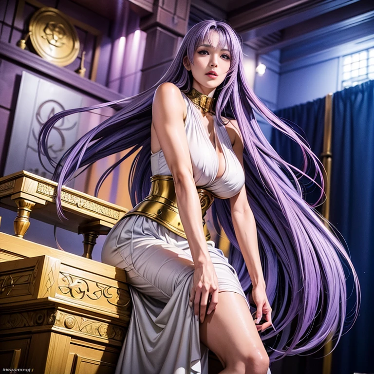 Sasha, Purple Hair,  long hair, red eyes,  white dress,  color,  Long Skirt , sleeveless, Bare shoulders, , clavicle,  Gold Accessory ,  corset,  1 girl, Facial features of the perfect Asian goddess lawless boobs，Wonderful，Alone, (Huge :1.4),  keeps staring at the audience ,(whole body:1.4),Supreme beauty,Solemn,Foot shot,(from below:1.3) extra big boobs