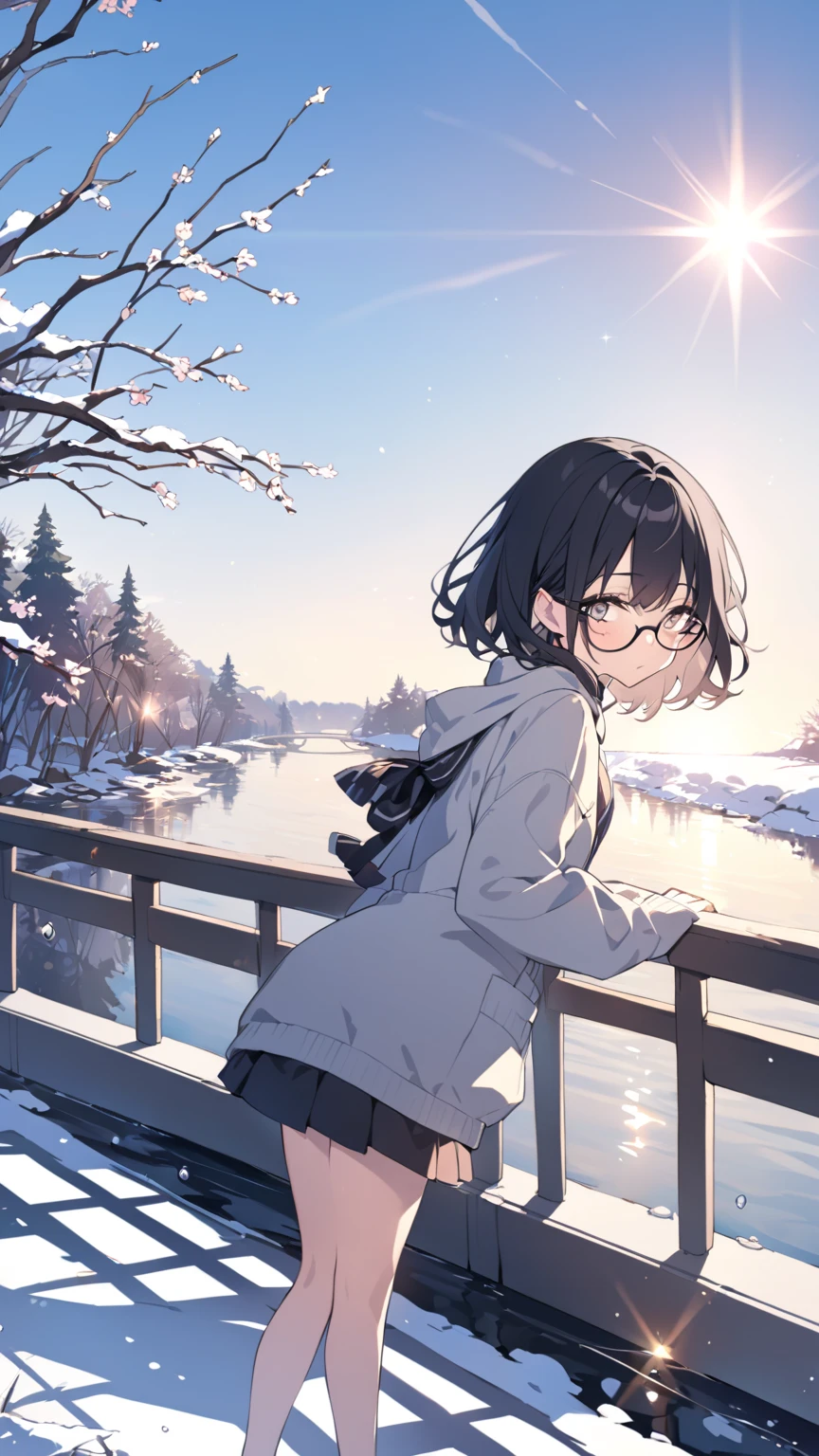 A girl with black hair and glasses looks at the sparkling river surface reflecting the morning sun from a bridge on a sunny winter morning