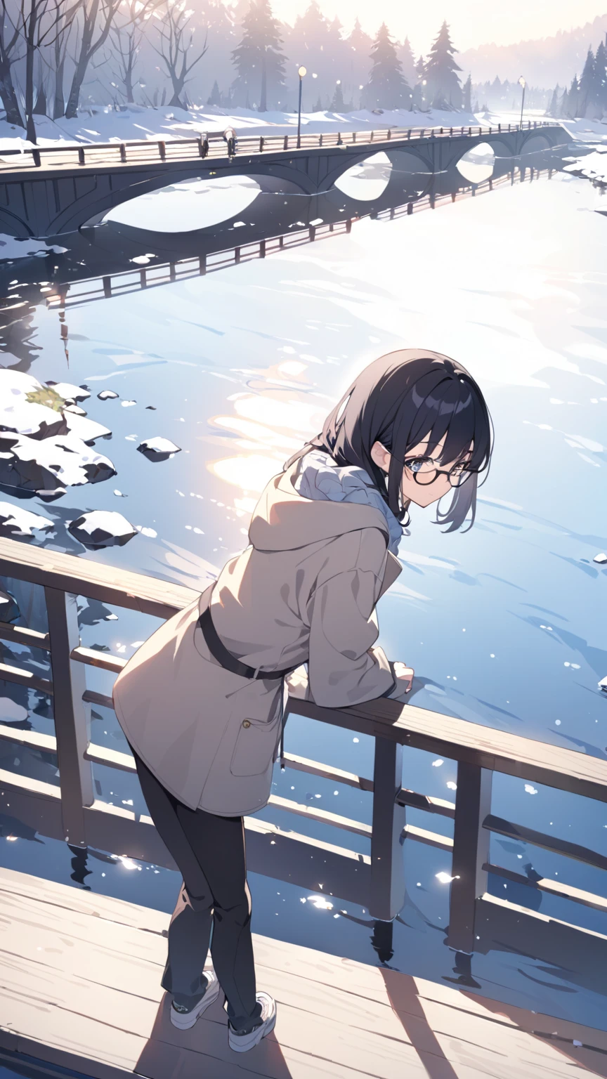 A girl with black hair and glasses looks at the sparkling river surface reflecting the morning sun from a bridge on a sunny winter morning