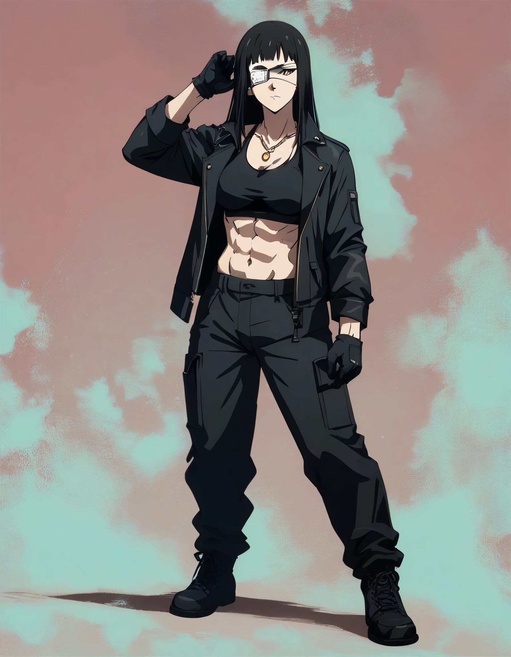 score_9, score_8_up, score_7_up,score_6_up,high resolution,source_anime,s0fiavalm3t,1girl,eyepatch,black hair,long hair,full body,,,pov,, black sport bra,tall leather black jacket,military loose trousers,black boots,military necklace,gloves,in military base,