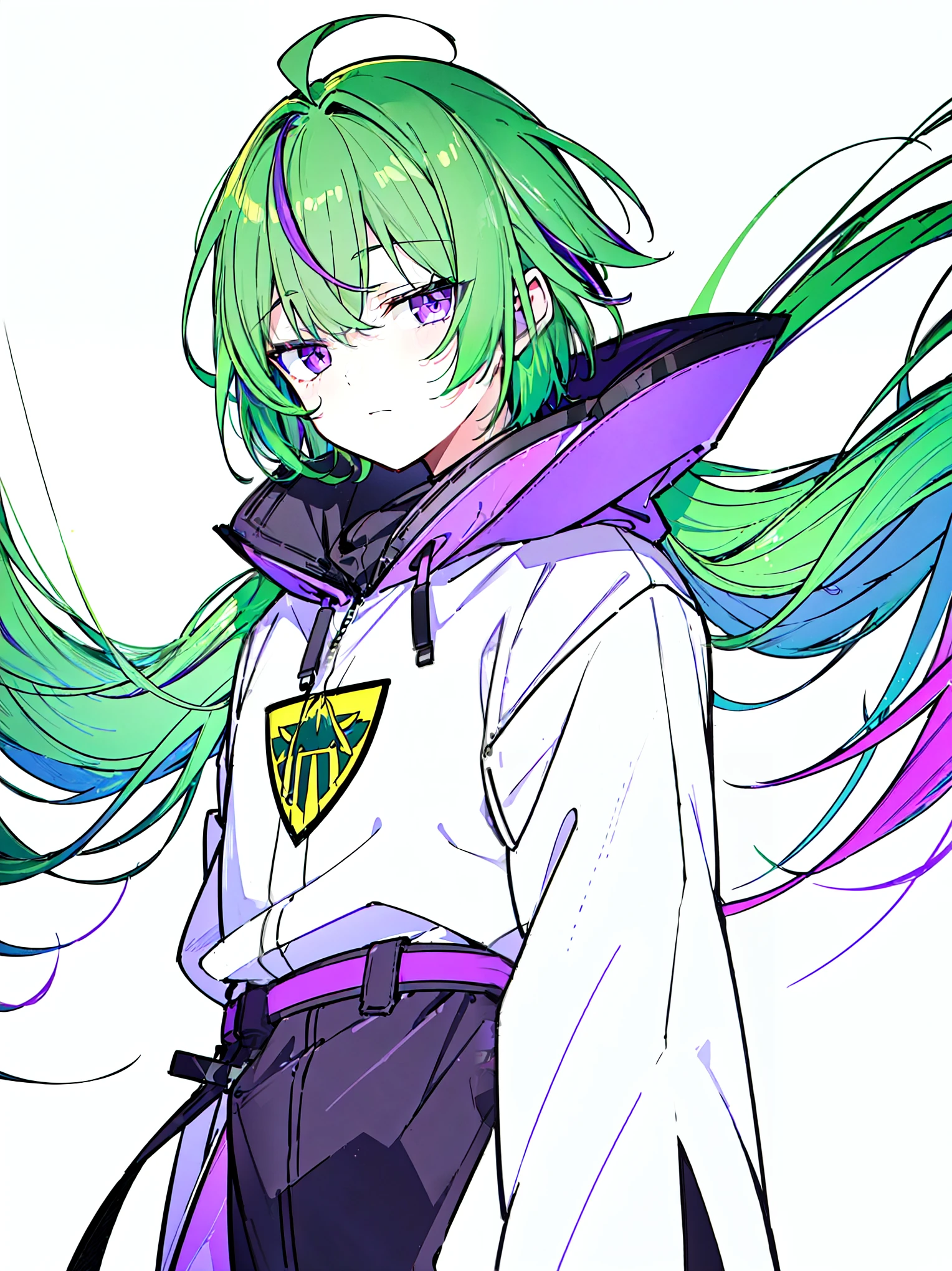 [(WHITE BACKGROUND:1.5),::5], ((((masterpiece)))), high quality, ultra very high resolution, full color, (((solo))), (( boy)), ((men's Green hair)), (Purple streaked hair), (Purple eyes), anime, ((upper body)), neon light, black parka, 