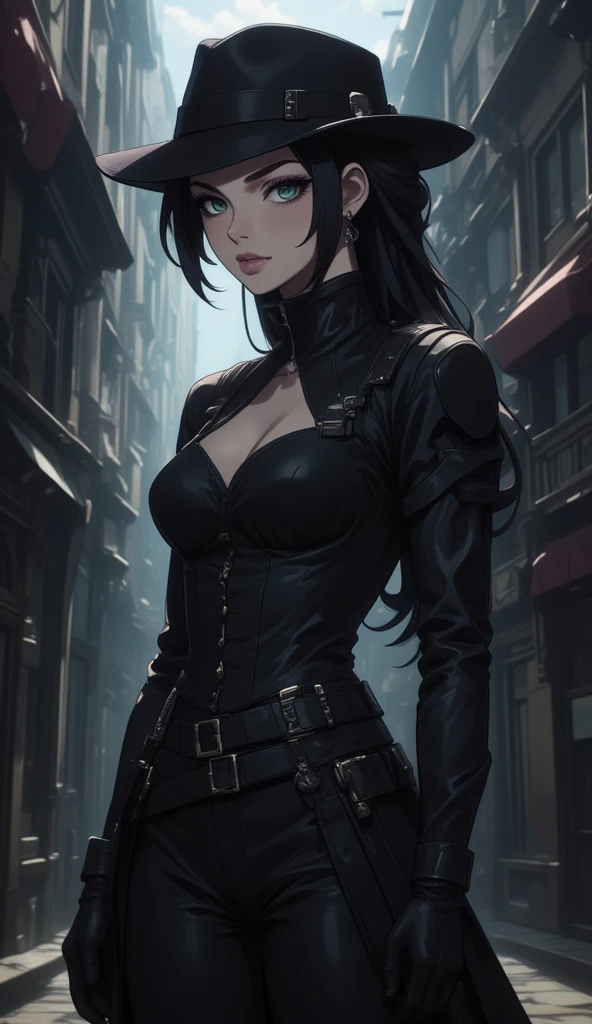 anime art style, 8k, masterpiece, cinematic, (Portrait),  girl, mature, green eyes, long tied hairstyle, pale skin, lean tall body, (Victorian era full covered outfits, cowboy hunting hat), holding machine gun, dark alleyway, side ways photo, evil smiling, full body photo