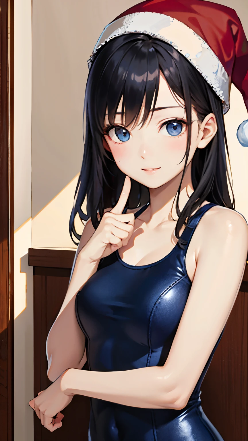 ((masterpiece、Highest quality、Very detailed))、One person、Black Hair、Long Hair、twintails、blunt bangs、Grey Eyes、evil smile、((Smile))、Small breasts、((Navy blue school swimsuit))、((strap slip))、Cowboy Shot、Shower Room Background