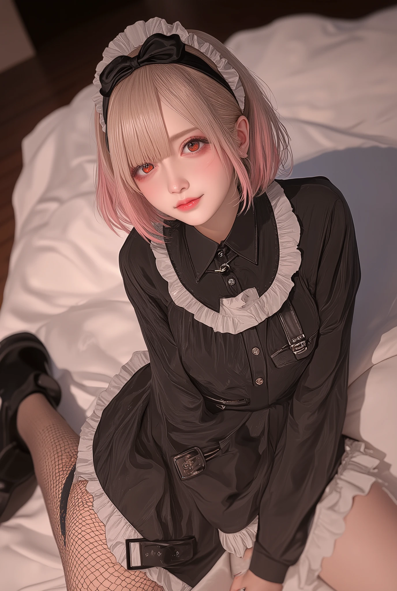 masterpiece, best quality, ultra-detailed illustration of a young girl sitting casually on a soft white bed, Jiraikei_Fashion_Flux,her short blonde hair with pink streaks gently framing her face as she smirks with a playful, mocking expression, her red eyes, mesugaki,she is dressed in a detailed gothic maid outfit, her black dress adorned with white frills and secured with silver buckles, her legs are elegantly crossed with her right leg positioned forward, drawing attention to her black platform shoe, the smooth leather of her shoe and the shiny buckles are intricately detailed, the focus on her right foot creates a dynamic sense of depth, her fishnet stockings complement the edgy design of her outfit, the bed beneath her is softly rumpled, adding a sense of realism and comfort to the scene, the lighting is soft and warm, casting gentle shadows that bring out the textures of her clothing and the details of her shoe, her mocking smile and confident pose exude a sense of playful defiance, blending elegance with a rebellious edge in a richly detailed illustration.shoes close up