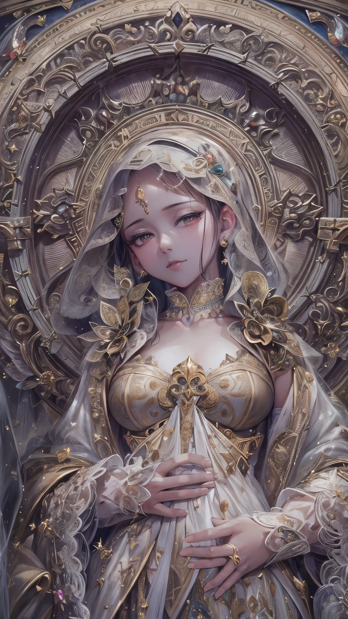 (symmetry:1.1) (portrait of floral:1.05) a woman as a beautiful goddess, (assassins creed style:0.8), pink and gold and opal color scheme, beautiful intricate filegrid facepaint, intricate, elegant, highly detailed, digital painting, artstation, concept art, smooth, sharp focus, illustration, art by greg rutkowski and alphonse mucha, 8k