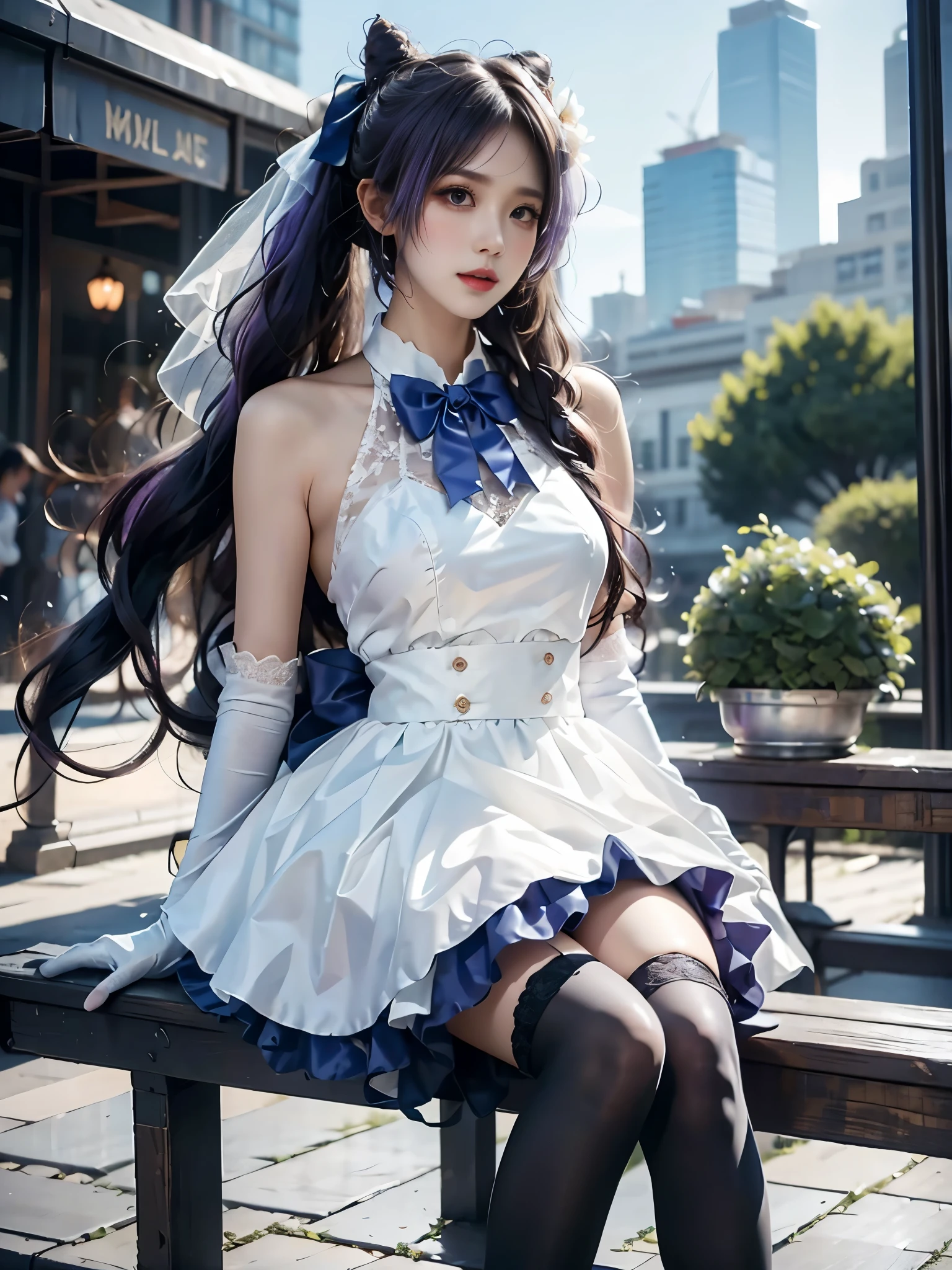 keqing cosplay costume, keqing, cosplay, alternate costume, purple hair, twintails, long hair, hair bun, cone hair bun, dress, white dress, wedding dress, sleeveless dress, frills, lace trim, gloves, white gloves, elbow gloves, bow, bowtie, flower, veil, bridal veil, bride, hair ornament, hair flower, hair ribbon, hair bow, thighhighs, lace-trimmed legwear, frilled thighhighs, white thighhighs, high heels ,,A young woman sitting elegantly on a modern outdoor platform in a vibrant urban setting, Correct and nice leg shape, Very short hemline, she leans casually on one hand for support, The scene is set on a sunny day, with clear blue skies and modern glass skyscrapers in the background. The lighting is soft and natural, creating a photorealistic effect with smooth shadows and highlights, emphasizing her relaxed and confident pose.