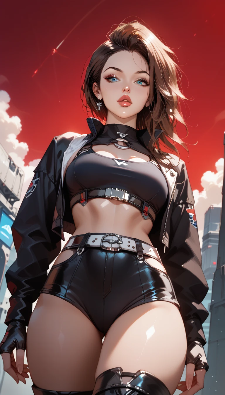 1 ,   masterpiece ,  highres icon,  bottom angle , Diesel punk style , Wear a black swimsuit,  black boots , belt,  look down ,  long brown hair, Blue Eyes,  Perfect Anatomy ,  thick thighs ,  dramatic lighting ,  Dutch angle , details, Red sky, Science fiction, tense expression,  full lips ,light skin,