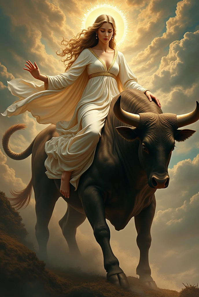 (there is a woman sitting on a white cow, full body, cinematic screen, ethereal, detailed, alluring succubus, ethereal beauty, perched on a cloud, (fantasy illustration:1.3), enchanting gaze, captivating pose, otherworldly charm, mystical sky, soft colors, (detailed cloudscape:1.3), (high-resolution:1.2), ((masterpiece)), (best quality), HDR, ((masterpiece)), (best quality), HDR, FEMME,artistic, Soft color palette, windblown flowers, Sparkle, magical photography, Soft smooth lighting, Light background,[light smile], expressionless, ON beach, sea, dramatic sky, warmtone, woman running,