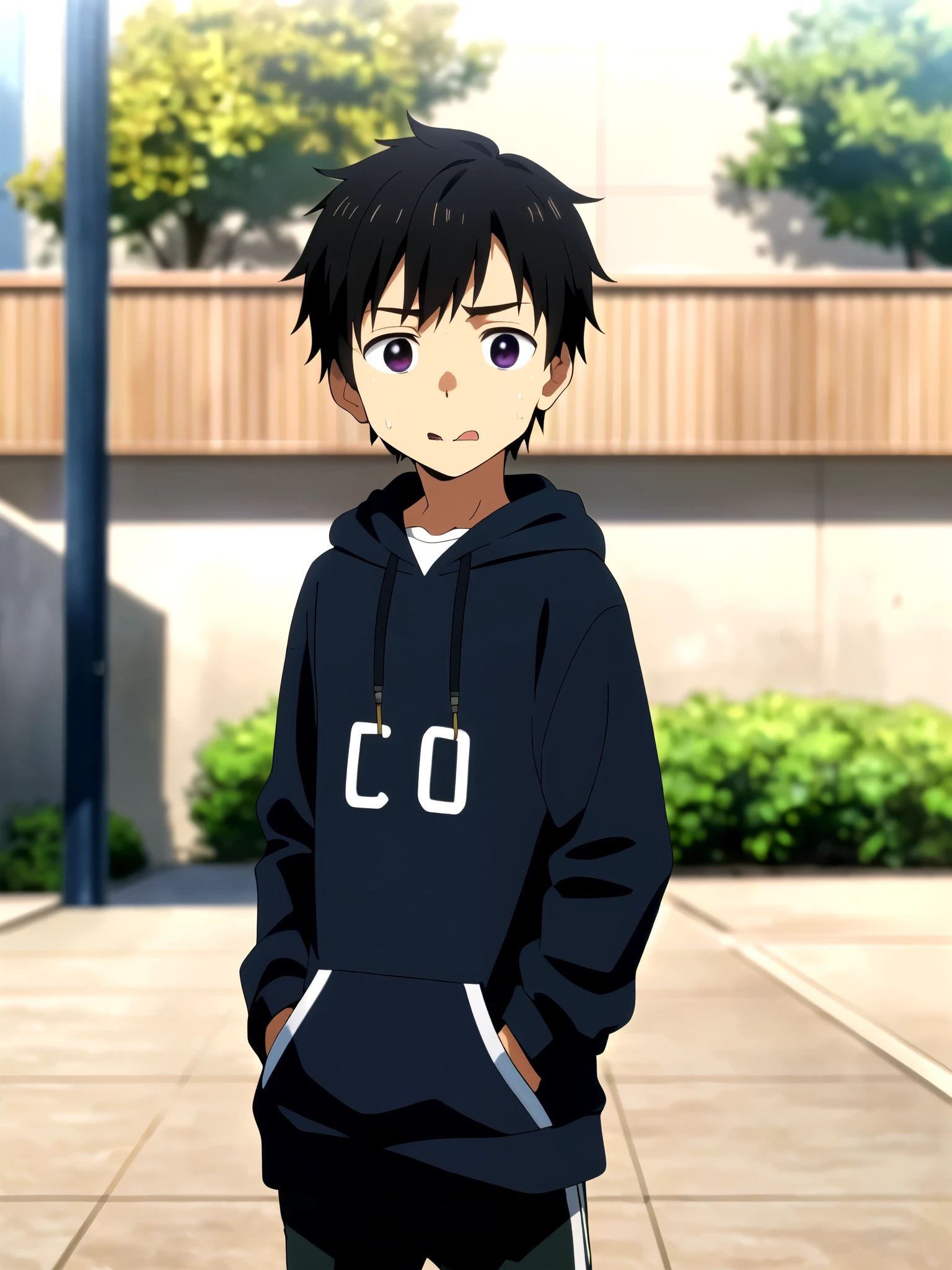 Highres, Masterpiece, Best quality at best,Best Quality,hight quality, hight detailed, 1boy, Boy,Straight hair, Side bangs, Shota, Sweat, Black hoodie, Glove, Depth of field, Anime screencap style, thin line, Sticking out tongue, Seen from the front, Cute boy, (hands in pocket), (very small and short stature), ( young boy), 16-year-old boys, Blurry and simple beckground, bokeh, Uhd cinematic, detailed, atmospheric, 8k, corona render