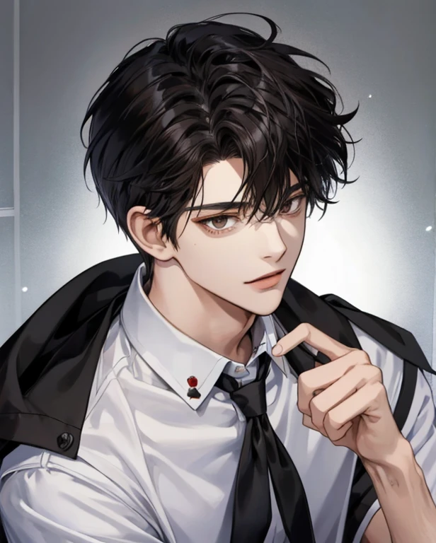 Boyfriend, yandere, highschool boy, A 18 year old boy, jet black hair, dark brown eyes, school shirt, close up look.