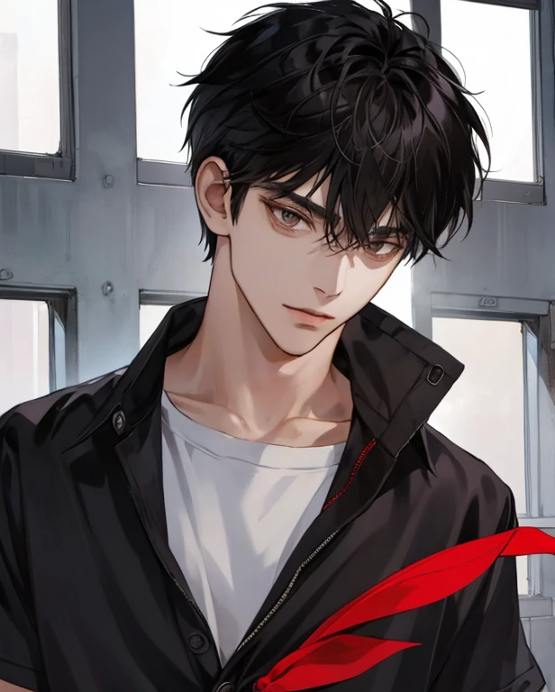 Boyfriend, yandere, highschool boy, A 18 year old boy, jet black hair, dark brown eyes, school shirt, close up look.