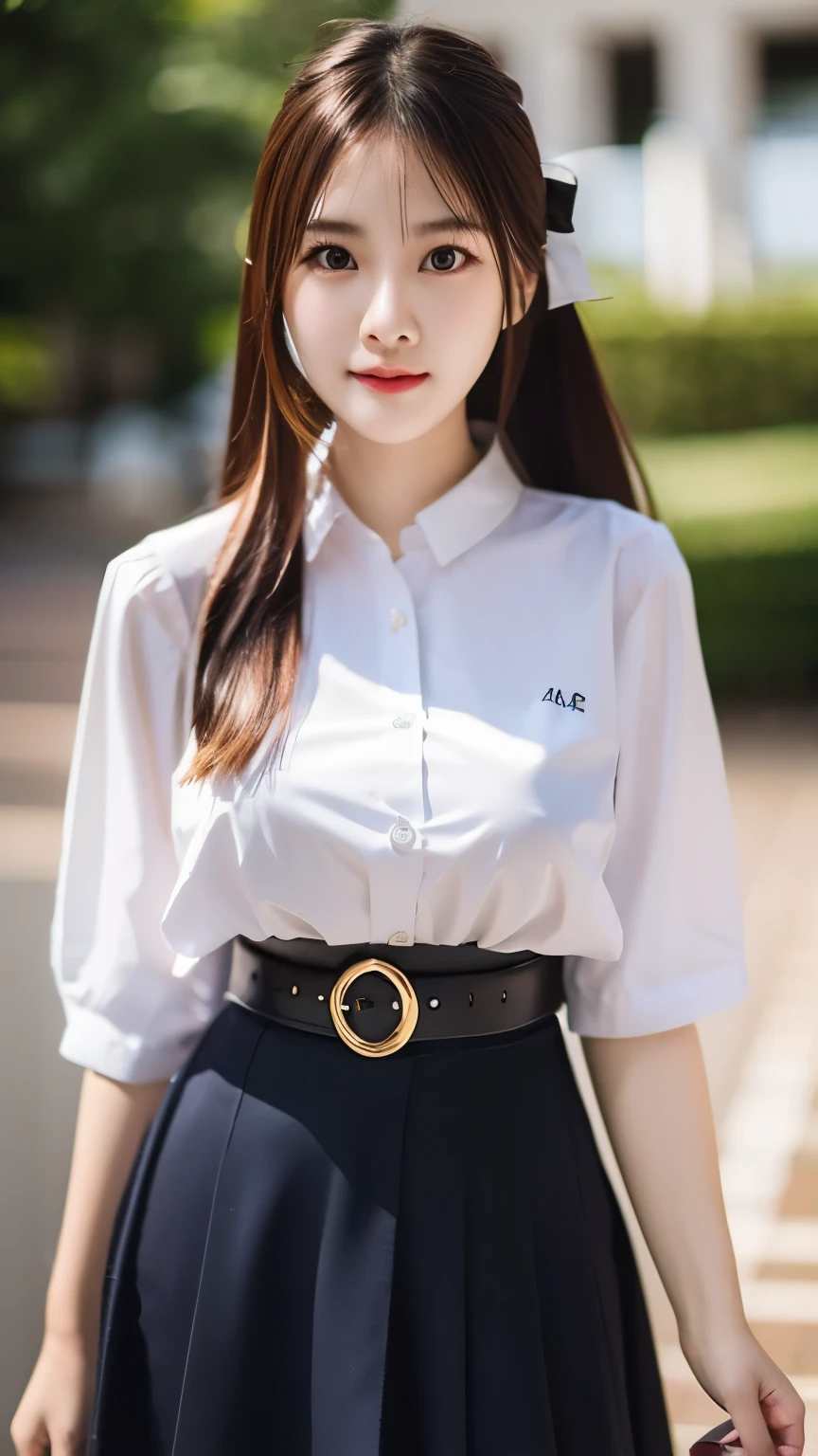 cute thai Chinese girl, solo, long hair, blue skirt, white shirt,black hair, ribbon, braid hair, belt, right hand, left hand, photo background ,high_resolution ,excellent, performance and top quality, hyper_detail ,8k,Realism, big breasts,Large breasts