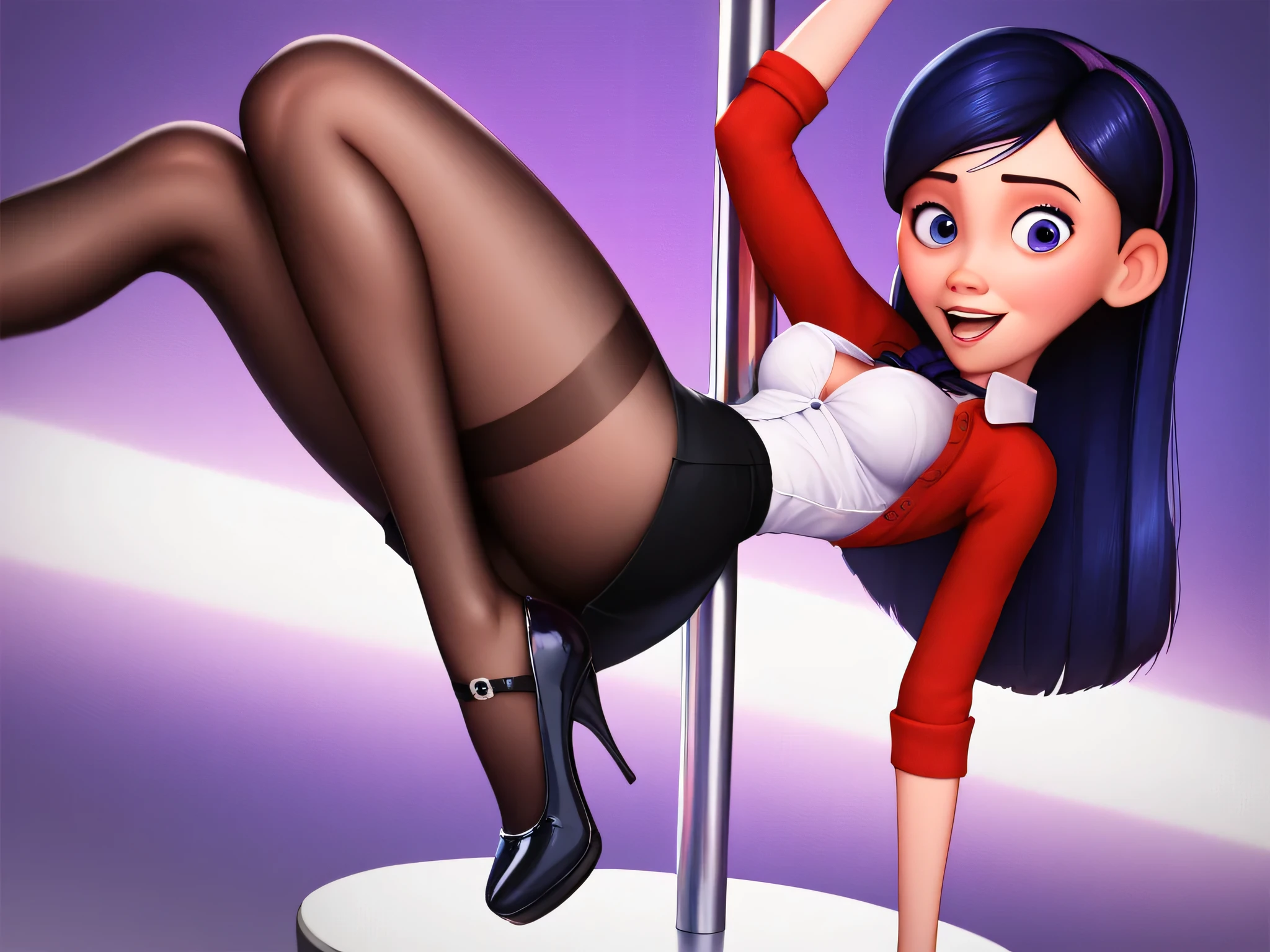  Violet Parr- Incredible  , , pole dancing,    in Disney Pixar animation style,  detailed face,  beautiful eyes ,  medium chest , nice legs,  Full Height, school shoes ,   transparent black tights  ,  beautiful figure, specify , improve quality,  sexy ,  smiles, Class,  white open blouse , 