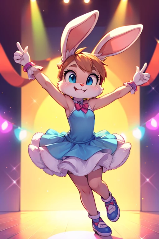 top quality, best quality, highres, masterpiece, absurdres, Perfect Anatomy(furry, angelic cute 1girl)(furry anthro, rabbit Facial Features, rabbit Body Features)(rabbit ears, Highly Detailed Body Fur)audition floor, dancing, flowing colorful ribbon, jumping, joyful smile, absurdres, volumetric lighting, good lighting, cinematic shadow,
