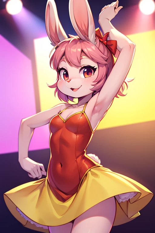 boy, squirrel, furry, bodyfur, tail, collar, bra, ??????????, gloves, boots, chibi, sparkling eyes, idol, dancing, singing, hair bow, happy, full body, squatting, looking back, peeing