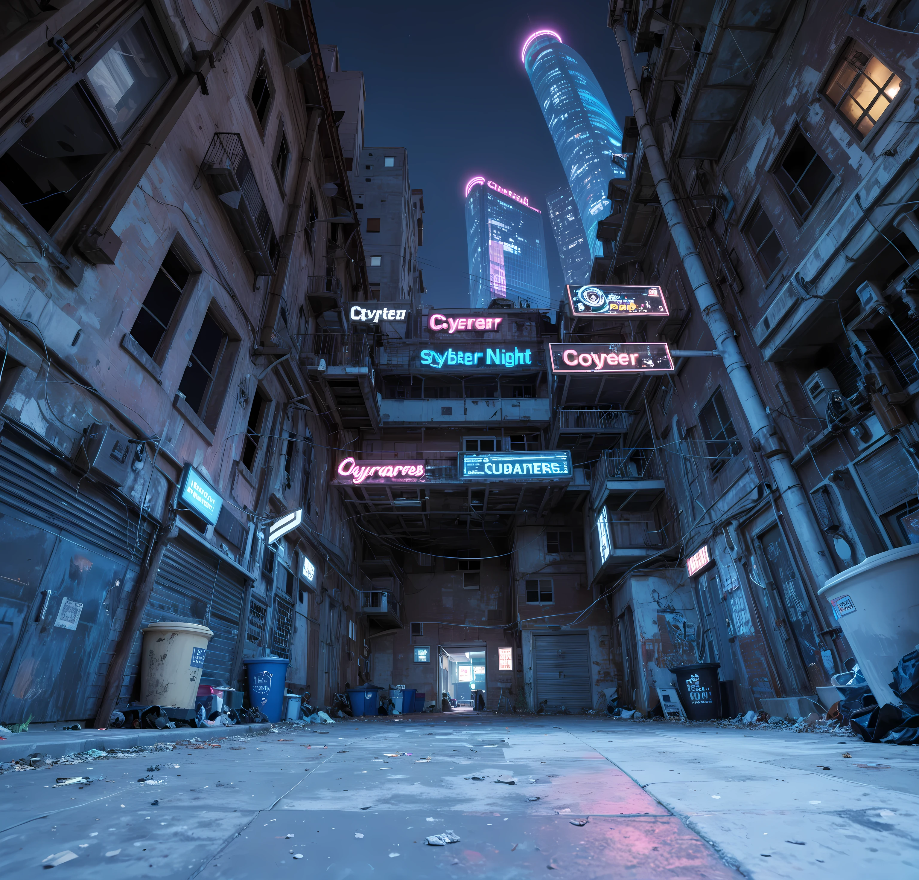 Looking up, the camera is close to the ground, cyber style, cyber night, alley with neon lights at night, low-lying ground, realistic ground texture, complete ground, abandoned low buildings on both sides of the picture, dilapidated low buildings, pipes and wires outside the buildings, trash cans near the wall, silhouettes of skyscrapers can be seen in the sky in the distance, neon signs are hung between the two buildings, the signs emit blue and purple lights, two steel frames connect the two buildings, UE5 rendering, 3D rendering, 3D model, cartoon style